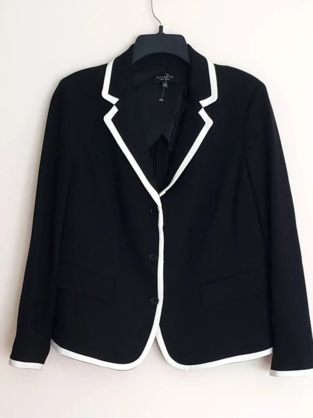 New Talbots Women 14W Petite Black White Trim Jacket Blazer Stretch Pockets